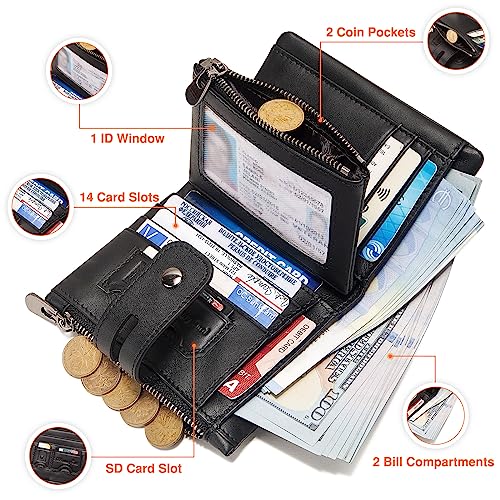 Wallet with Chain,Genuine Leather Purse RFID Blocking Bifold Double Zipper Coin Pocket with Anti-Theft Chain, Pickpocket Proof Chain Wallets for Men (Black)2