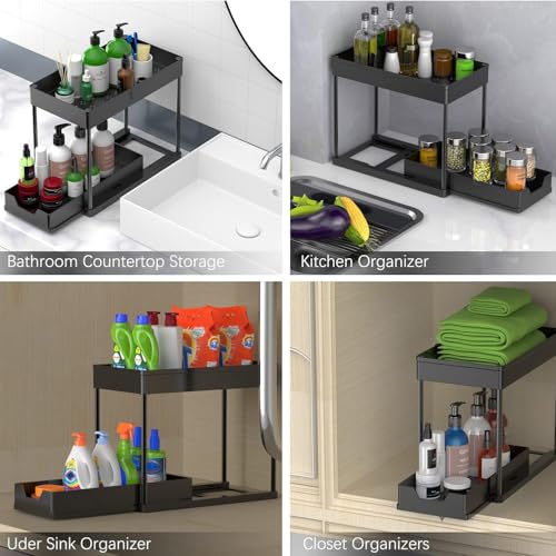 Image of 2 Pack Under Sink Organizers and Storage, 2-Tier Sliding Cabinet Basket Organizer with Hooks, Multi-Purpose Under Sink Organizers and Storage for Bathroom Kitchen.