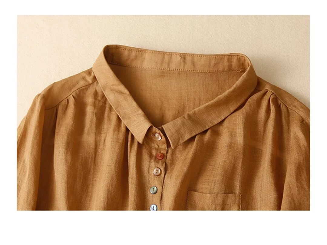 Chemisier décontracté uni en coton et lin à manches mi-longues pour femme