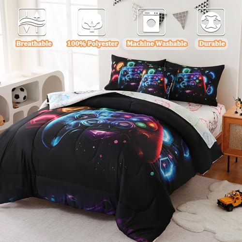Image of 6 Pcs Bed in A Bag Gaming Full Size Comforter Sets for Boys,Gamer Bedding Set,Game Console Full Comforter Set with Sheets for Kids Teens
