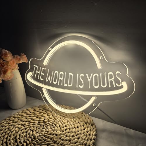 Image of The World Is Yours Neon Sign for Wall Decor, Planet LED Neon Light Lamp, USB Powered for Man Cave Home Bar Club Cafe Wedding Game Room Bedroom Wall Art