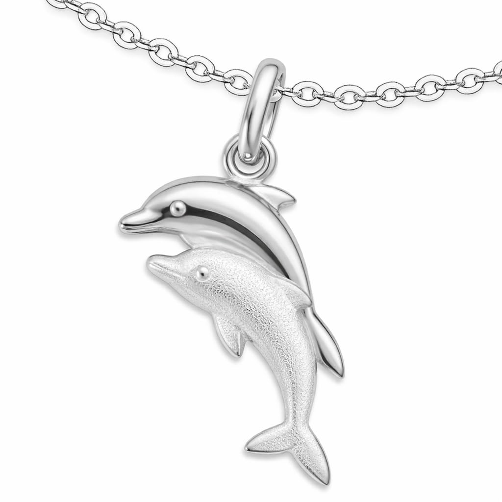 CLEVER SCHMUCK -SET Silberanhänger Delfinpaar, matt und glänzend kombiniert und Ankerkette 40 cm, beide aus 925er Silber, Sterling-Silber Kunststoff