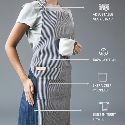 Image of Kitchen Apron - 100% Cotton, Adjustable Neck strap, Large Pocket - Unisex Apron for Men & Women - Cooking, Baking, BBQ, Gardening - Solid Colours, Striped and Checkered Patterns