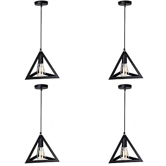 Jackal Vintage Triangle Shape Pendant Light Pack of 4| Hanging Ceiling Light with Braided Cord | Decorative Fancy Lights for Home, Living Room, cafe, Restaurants & Bar (Black)