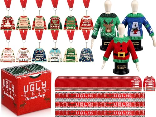 Soaoo 82 Pcs Ugly Sweater Party Voting Sets 3 Wooden Manikin Trophy 3 Mini Sweater 1 Ugly Sweater Contest Ballot Box 60 Voting Cards 3 Sweater Award Sashes 12 Medals for Christmas Party Game Supplies