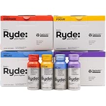 Ryde Discovery Pack Bundle, Energize, Focus, Relax & Sleep Shots, Green Tea Caffeine, Ginseng, B Vitamins, L-Theanine, Lemon Balm, Chamomile, Melatonin, 0 Calories, 0 Sugar, Variety Pack 32 Pack