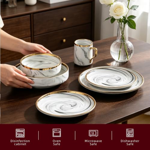 HomeVss 20 Piece Plates and Bowls Sets, Fine China Artisan Marbled Dinner Set for 4, Dishwasher Safe, Scratch Resistant, Grey with Gold Line - image 3