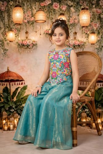 Image of Girls Art Silk Embroidered Kurta & Sharara Set | Festive & Wedding Traditional Outfit | Ethnic Wear for Kids | Stylish Sharara Suit Set