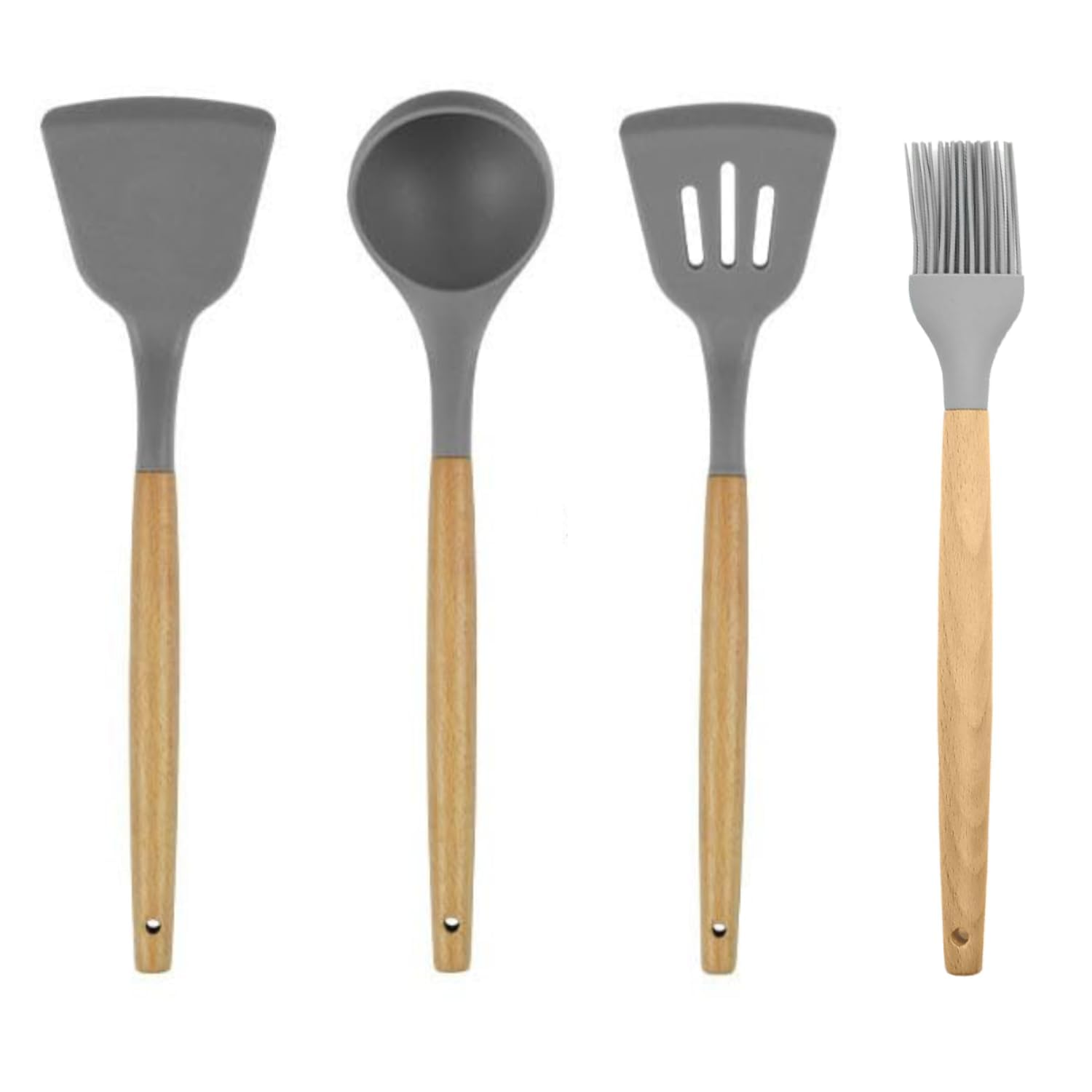 Silicon Spatula Set for Kitchen | Non-Stick Cooking Utensils With Wooden Handle | Turner Serving Spoon | Kitchen Tools Combs (Set of 4 Grey)