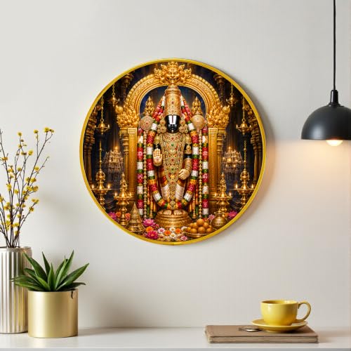 Image of PAINTINGMANTRA Lord Venkateswara Tirupati Balaji Framed Wall Art Painting For Living Room |Spiritual Tirumala Balaji Religious Poster with Round frame for Wall, Decoration item for Home, 12 Inch
