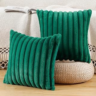 Madizz Set of 2 Faux Fur Plush Decorative Throw Pillow Covers 12x12 Inch Pink Fluffy Striped Soft Decorative Cushion Cover for Sofa Bedroom Pillow Shell
