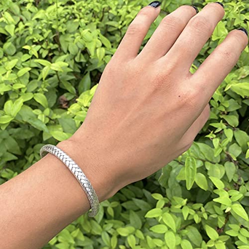 Braided Sterling Silver Handmade Cuff Bracelet Boho Woven Silver For Women (M-L) Or Men (S- M), 7 Inches Long, Flat Top, 1/4" Wide, Gift For Her Or Him #TOP6