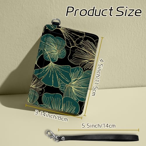 Image of Small Travel Wallets, Art Leaf Slim Minimalist Front Pocket Wallet with Wristlet, RFID Blocking PU Leather Credit Card Holder with ID Window Change Purse for Men Women