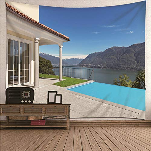 Tapiz pared 150x150cm KnSam con paisaje de villa azul y blanco, tapicería decorativa en poliéster