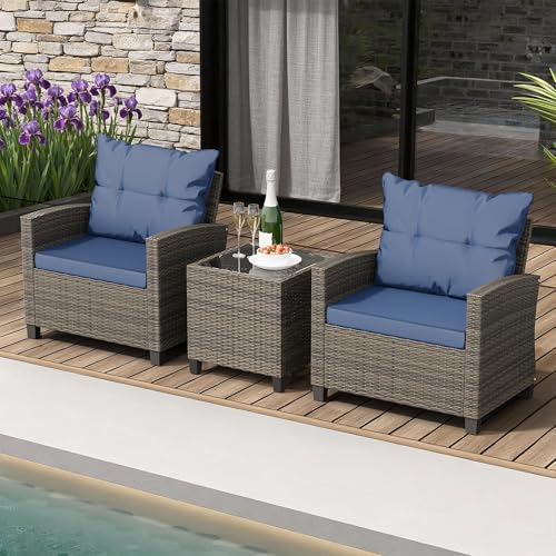 Shintenchi 3 Pieces Patio Furniture Set 3 Pieces PE Rattan Wicker Chairs with Table Outdoor Furniture for Backyard/Garden/Poolside/Outdoor Restaurant Gary Rattan with Blue Cushion - Image 3