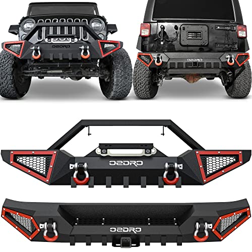 OEDRO Front and Rear Bumper Compatible with 2007-2018 Jeep Wrangler JK & Unlimited JKU (2/4 Doors) Rock Crawler Off Road Full Width Bumper w/Winch Plate Mounting & D-Rings & Hitch Receiver