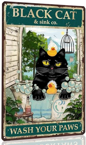 Duiseno Black Cat Wash Your Paws Metal Tin Sign 8x12