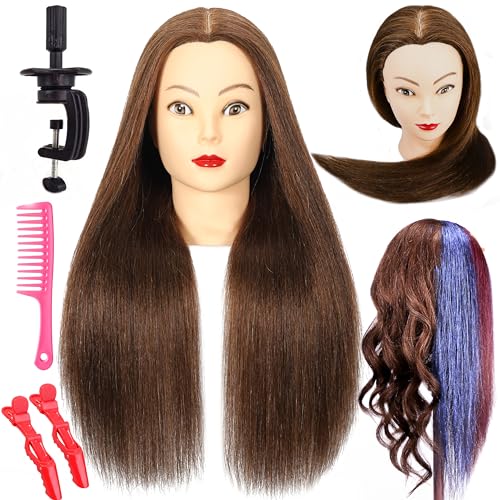 Female Mannequin Head with 100% Real Human Hair, 20\"Nature Brown Cosmetology Manikin Head Hair Styling Hairdressing Practice Cutting Styling Training Doll Heads with Clamp Holder clips and comb