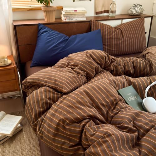 Image of Brown Striped Duvet Cover Twin Size Retro Stripes Bedding Set Vintage Vertical Stripe Soft Lightweight Microfiber Comforter Cover Set with Zipper Closure and 1 Pillowcase