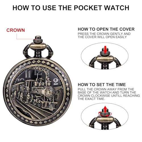 Image of SIBOSUN Antique Men Pocket Watch with Chain Oversized 50MM 1.96 Inch 3D Locomotive Steam Train Railroad Hollow + Box
