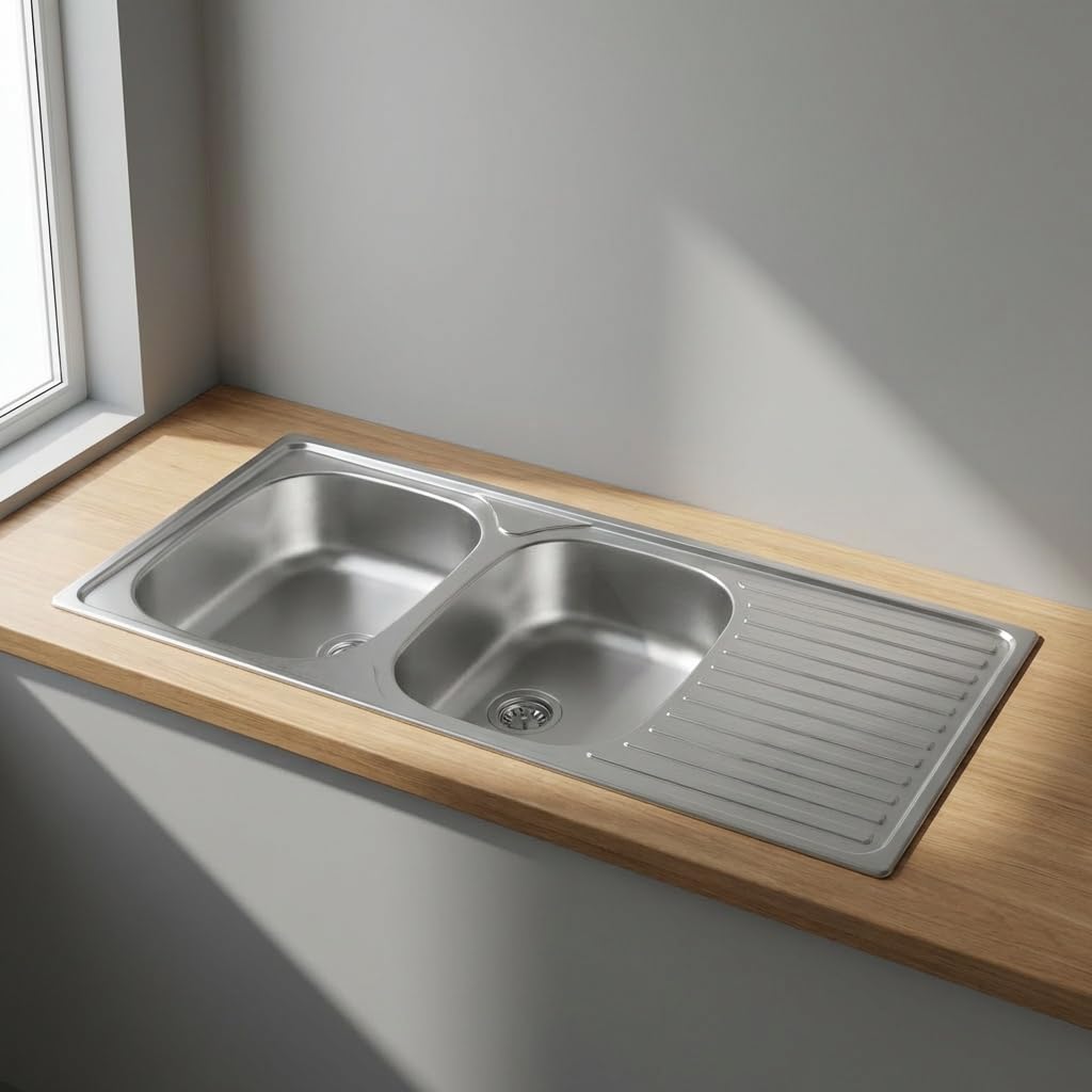 Fregadero de cocina empotrado de acero inoxidable con 2 senos y escurridor, 116 x 50 cm, acabado satinado – Telivo