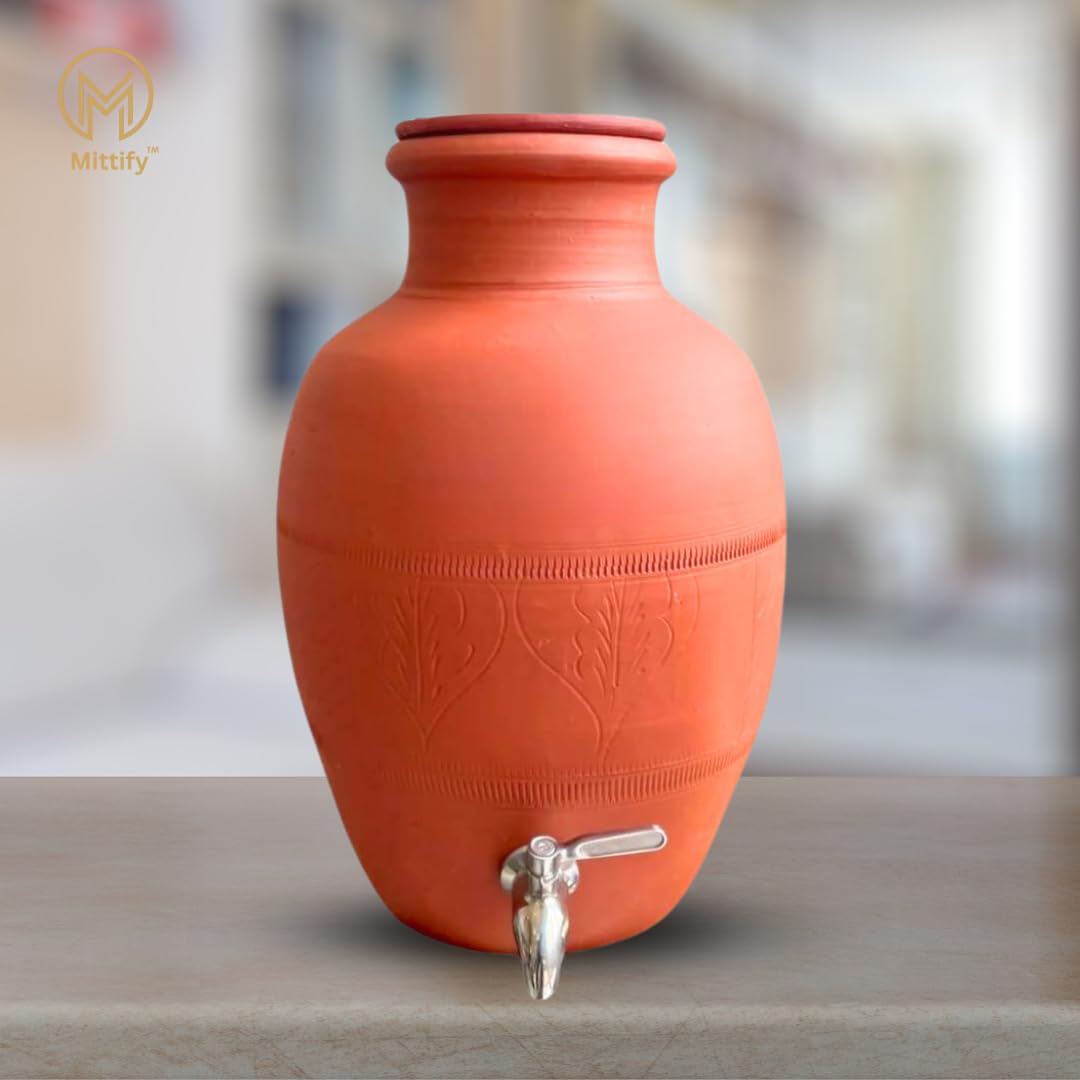 Pot d'eau fait main en terre cuite Rajasthani en acier inoxydable | Distributeur de terre 100 % écologique | Mitti ka Matka – 8 litres