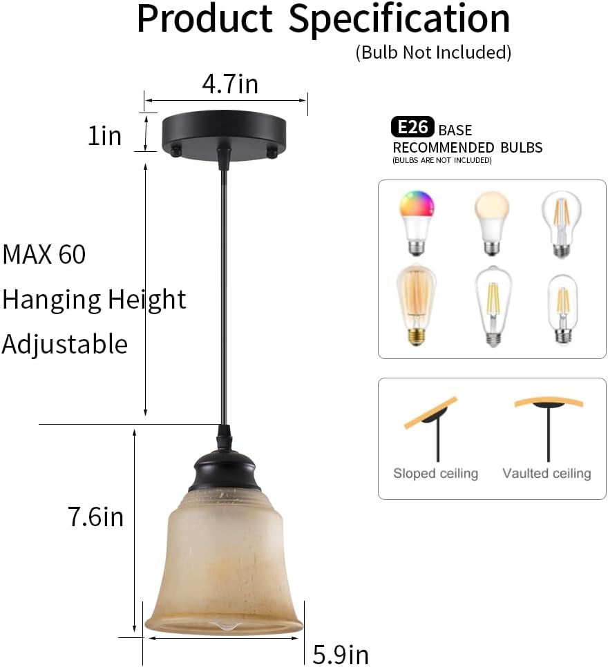 Glass Pendant Lights Kitchen Island, Vintage Pendant Light Fixtures with Hand-Blown Amber Glass, Farmhouse Modern Hanging Light for Kitchen Sink Dining Room Bedroom
