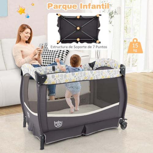 GOPLUS Cuna de Viaje Portátil, Cuna Bebe Plegable con Techo Ajustable, Colchón, Cambiador, Estante, Juguetes, Caja de Música, Ruedas Bloqueables y Bolsa de Transporte, para 0-3 años (Gris-Blanco) - imagen 8