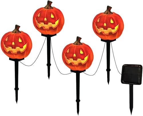 Marcadores de camino de calabaza de Halloween, luces de cadena de luces alimentadas por energía solar, farol de resina con estacas de calabaza para