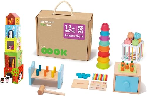 TookyToy Montessori Activity Box "The Thinker" - 15 Piece Wooden Sensory Playset, Ages 7-12 Months