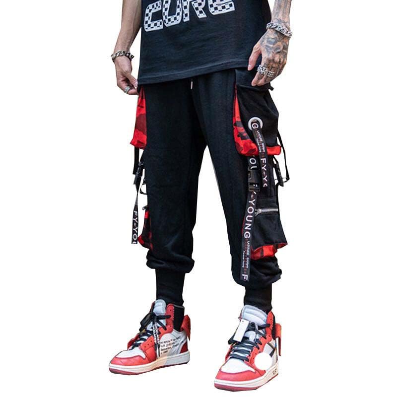 Pantalon cargo pour homme noir à rubans lettrés style casual - 6