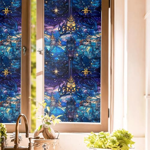 Golden Blue Purple Ice Winter Castle Fantasy Stained Glass Window Films Decorative Double-Side...