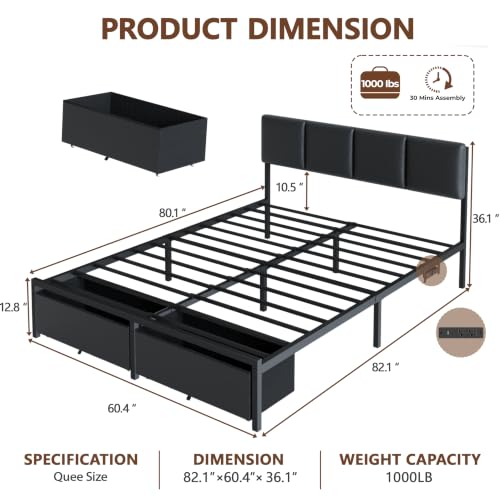 Image of Furnulem Queen Bed Frame with PU Upholstered Headboard and Charging Station | Metal Platform Bed with 2 Fabric Underbed Storage Drawers and LED Lights, Noise Free, No Box Spring Needed, Black, PU Leather