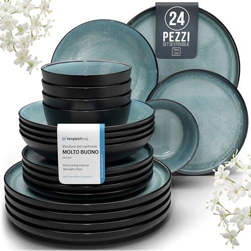 Servizio Piatti Ibiza in Grès per 6 Persone, 24 Pezzi Set Piatti Moderni Compatibile con Lavastoviglie e Microonde - petrolio scuro - Set da Tavola e Cucina di Pure Living