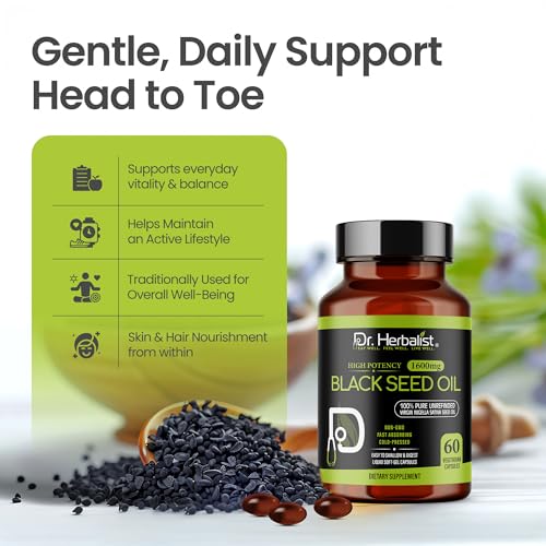 Image of Dr. HERBALIST Black Seed Oil Capsules 1600mg - Cold Pressed Nigella Sativa Softgels with Thymoquinone | Supports Overall Wellness & Immune Vitality* | Halal, Non-GMO | 60ct