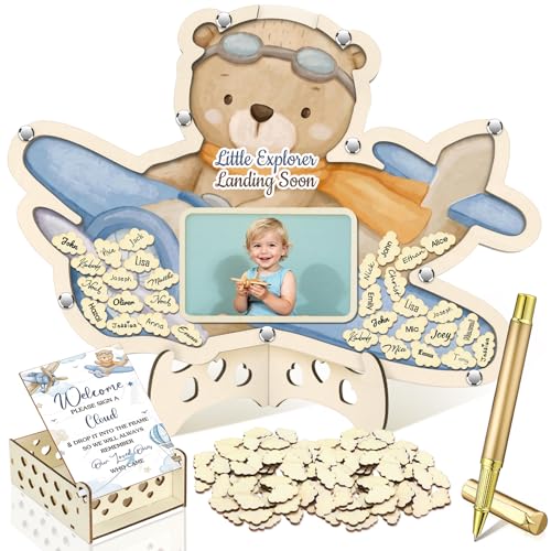 Image of Wenqik 63 Pcs Airplane Little Explorer Landing Soon Baby Shower Guest Book Alternatives Set Baby Shower Decorations with Photo Frame Sonogram Frame Keepsake 60 Wood Slices Guest Book for Birthday