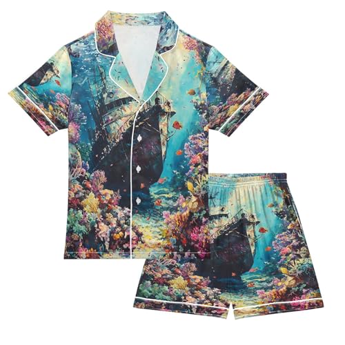 ALAZA Ship Seabed Coral Reef Satin Pajamas Set Short Sleeve Button Down Sleepwear Summer Pjs 2 Piece