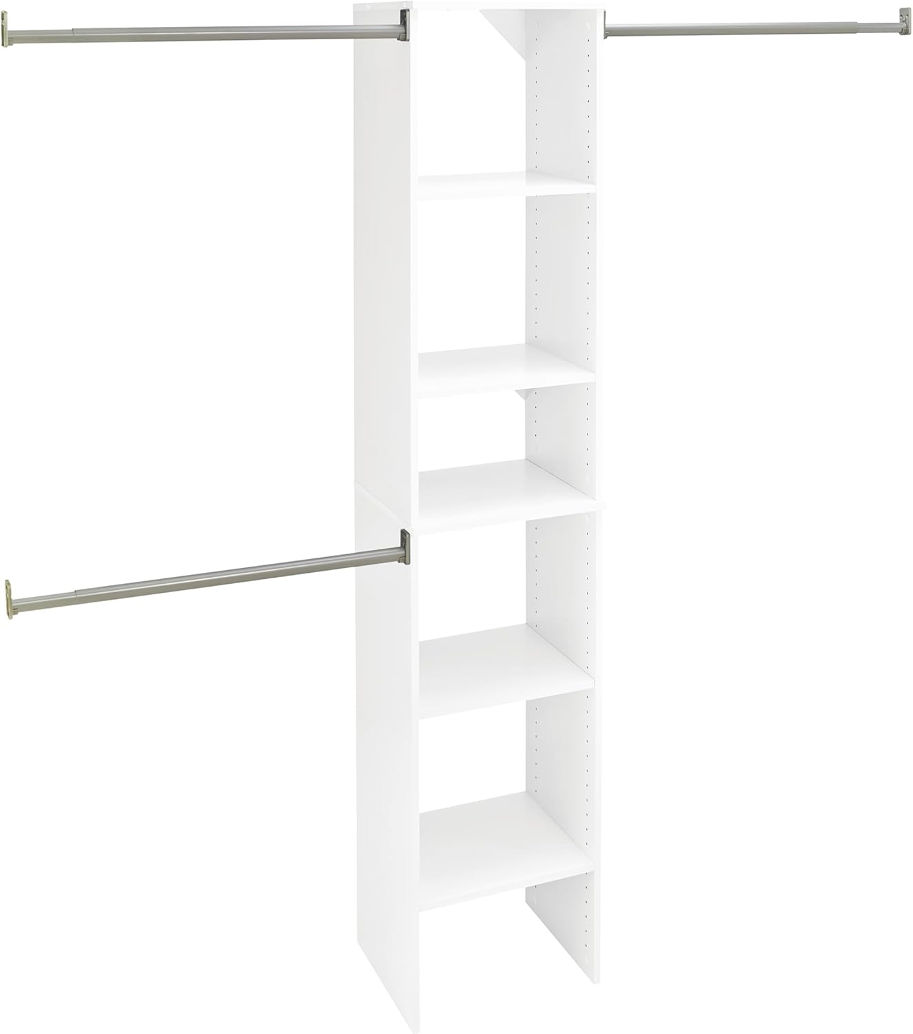 ClosetMaid SuiteSymphony Wood Closet Organizer Starter Kit with Tower and 3 Hang Rods, Shelves, Adjustable, Fits Spaces 4 – 9 ft. Wide, Engineered Wood, Pure White, 16" Pure White Starter Tower Kit