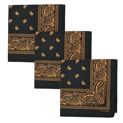 Motique Accessories Two Tone Paisley Bandana - Set of 3 (Black Orange)