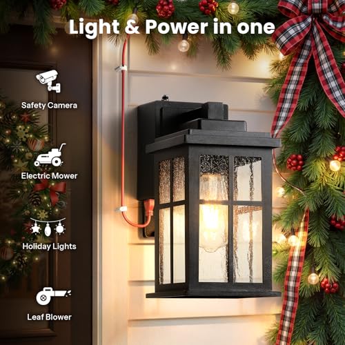 Image of Gleamz Outdoor Porch Light with Outlet GFCI, Outdoor Wall Lanterns Sconce | Waterproof, 100% Aluminum, Dusk to Dawn Outside Light with Outlet, Black Exterior Lighting Fixtures Wall Mount for House, E26