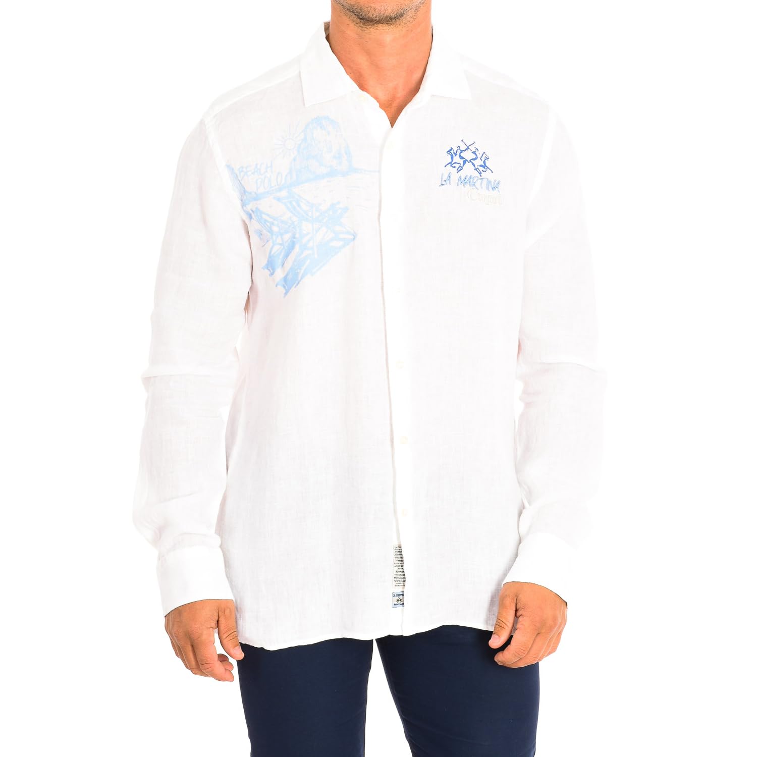 La Martina - Camisa de Hombre de Lino, Manga Larga, Corte Regular, Blanco Óptico, Man