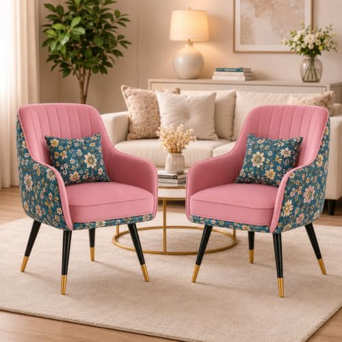 Image of Velvet Chair with Pillow for Home | Modern Accent Armchair in Soft Velvet Fabric with Golden Legs | Premium Accent Chair for Living Room Bedroom Restaurent | (Pink, Standard Floral)