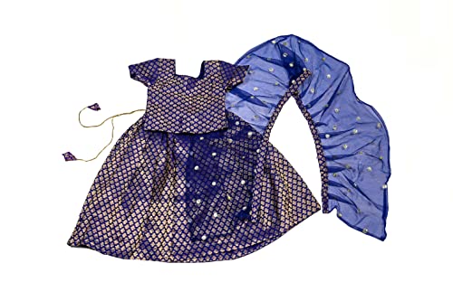 Image of TRADITION INDIA Royal Blue Chanderi Silk Kids Lehenga Choli Set, Short Sleeves Lehenga Choli, Pattu Pavadai, Kids Ethnic Wear