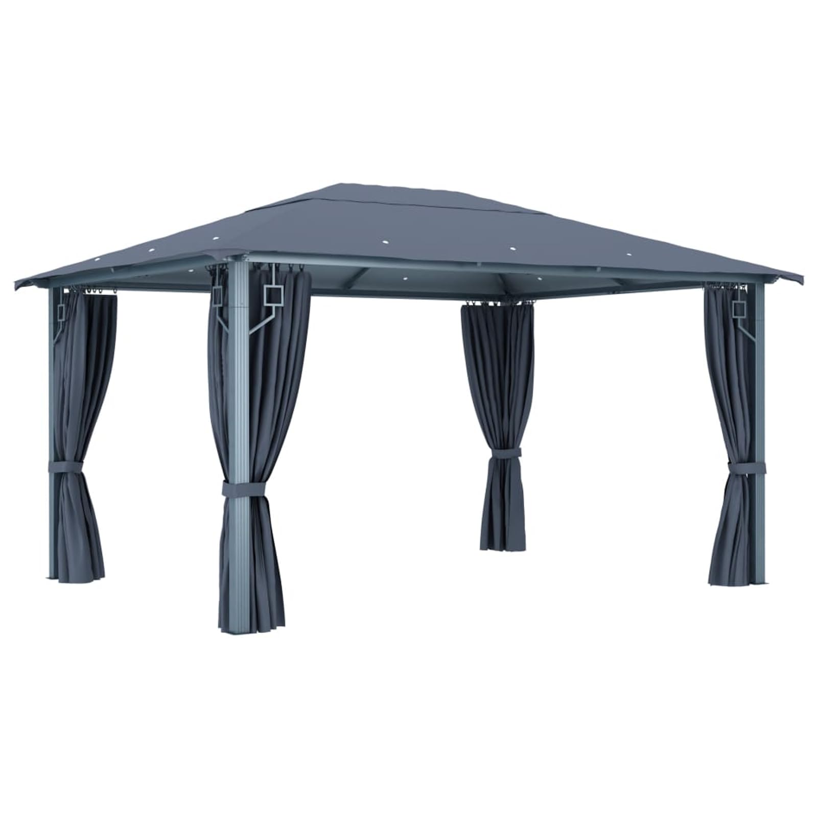 Pawilon z zasłonami 400 x 300 x 270 cm – rama ze stali aluminiowej w kolorze antracytowym, odporny na warunki atmosferyczne, z powłoką zapobiegającą promieniowaniu UV, 4 zasłony i siatki
