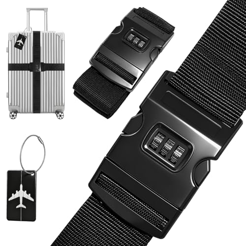 Homshsjhkis 2 Stück Koffergurt mit Zahlenschloss, Rutschfest Einstellbare Kofferband Gurt, Premium Kofferanhänger Flugreise, Kofferbänder, Gepäckanhänger, Koffer Anhänger für Schnell Erkennen, Schwarz