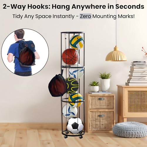 Shiawase 3 Tier Ballständer mit Rollen Sparende Abnehmbare Stehend Ballhalter mit Netto, Ball Aufbewahrungsregal, Garage Ball Aufbewahrung Sports Storage für Volleyball, Basketball, Fußball