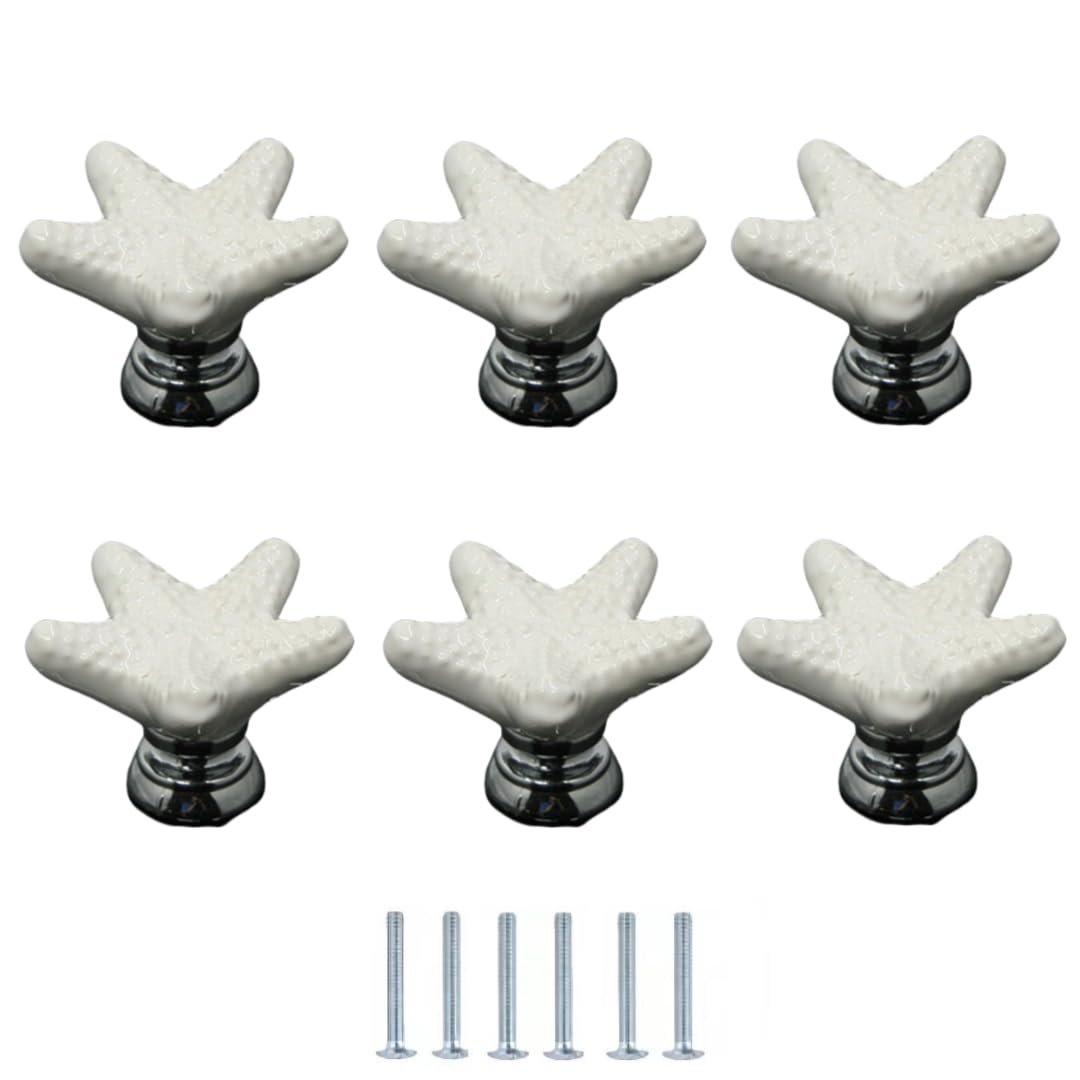 ENmrfvkz Ceramic Cupboard Drawer Handle Knobs, Ceramic Starfish Knobs for Cabinet Drawer Door, 6 Pcs, Multicolor, 34x24mm(Wit)
