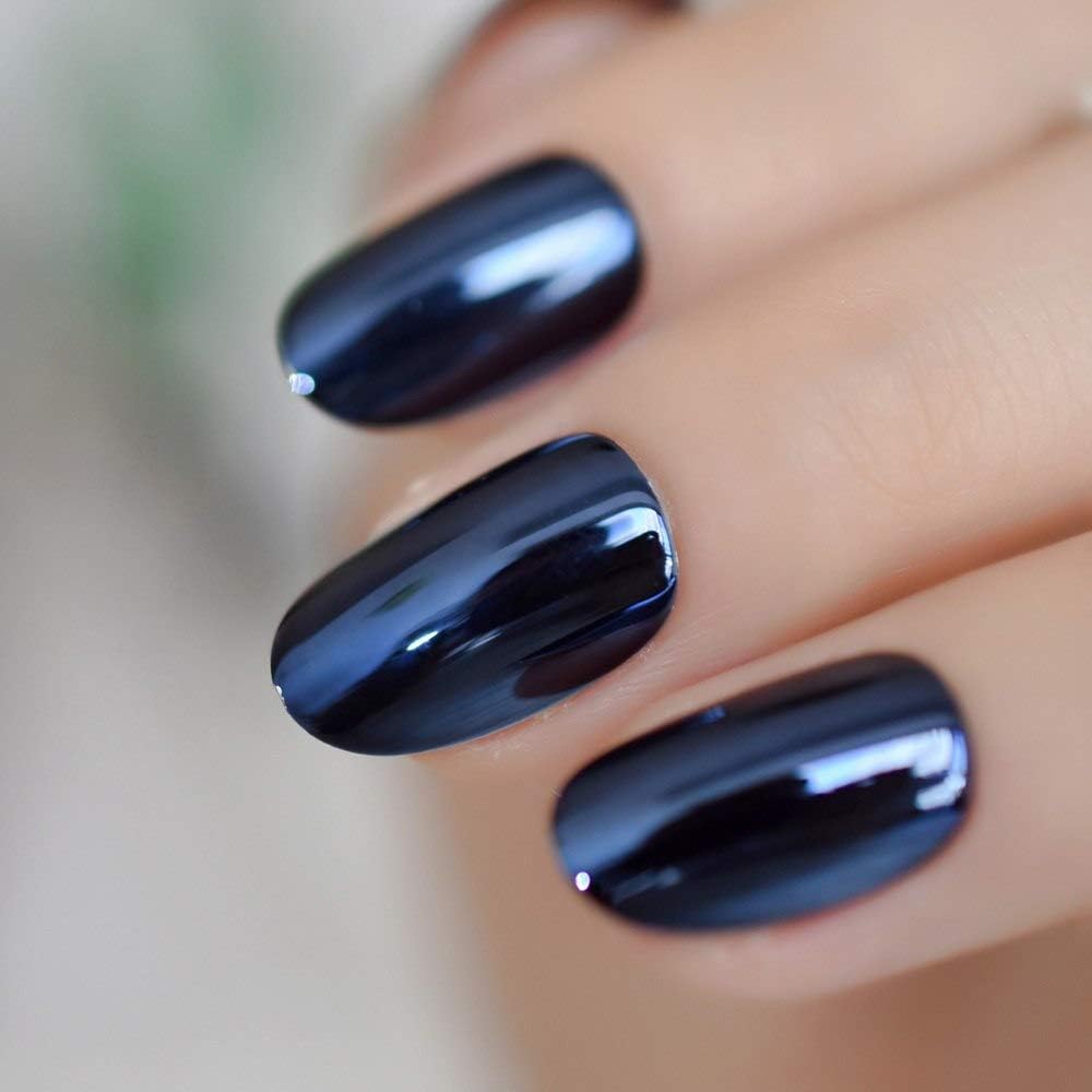 CoolNail Metallic Mirror Bright Blue Gray False Nail Mix Blue Metal Oval Round Fake Nails Manicure Full Nails Art Tips