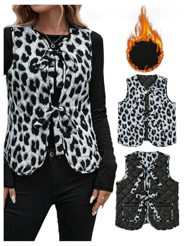 Verdusa Women's Reversible Vest Tie Front Cheetah Leopard Print Sleeveless Quilted Gilet Jacket4