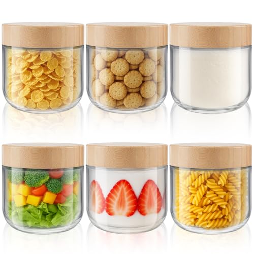 6 Pack 12 OZ Chia Pudding Jars with Plastic Woodgrain Lids